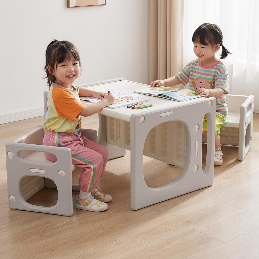 キッズデスクセット 子ども用テーブル 椅子 3点セット 多機能 5way 学習机 お絵かき ボード 本棚 幼児 1歳から 室内 遊具 組み立て簡単 HDPE製 頑丈 角丸設計 グレー デスク1台 チェア2脚ｍａ