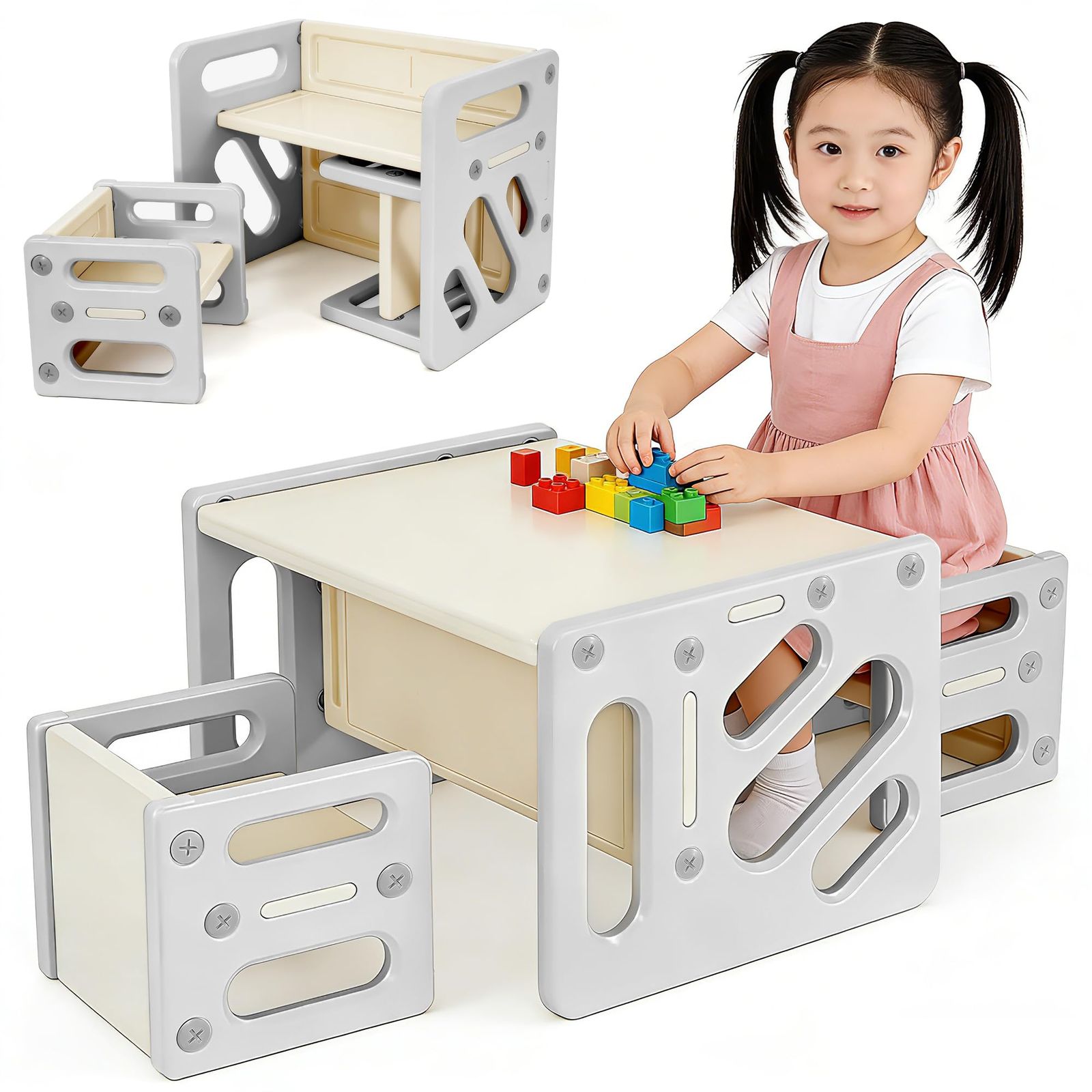 キッズデスク 子供用テーブルセット 3点セット 多機能 学習机 お絵描きデスク 折りたたみ 軽量 コンパクト 1-6歳 保育園 幼稚園 子供椅子付き 勉強机 テーブルチェア 組立簡単 ホワイト 誕生日プレゼントポリエチレン グレーホワイトma
