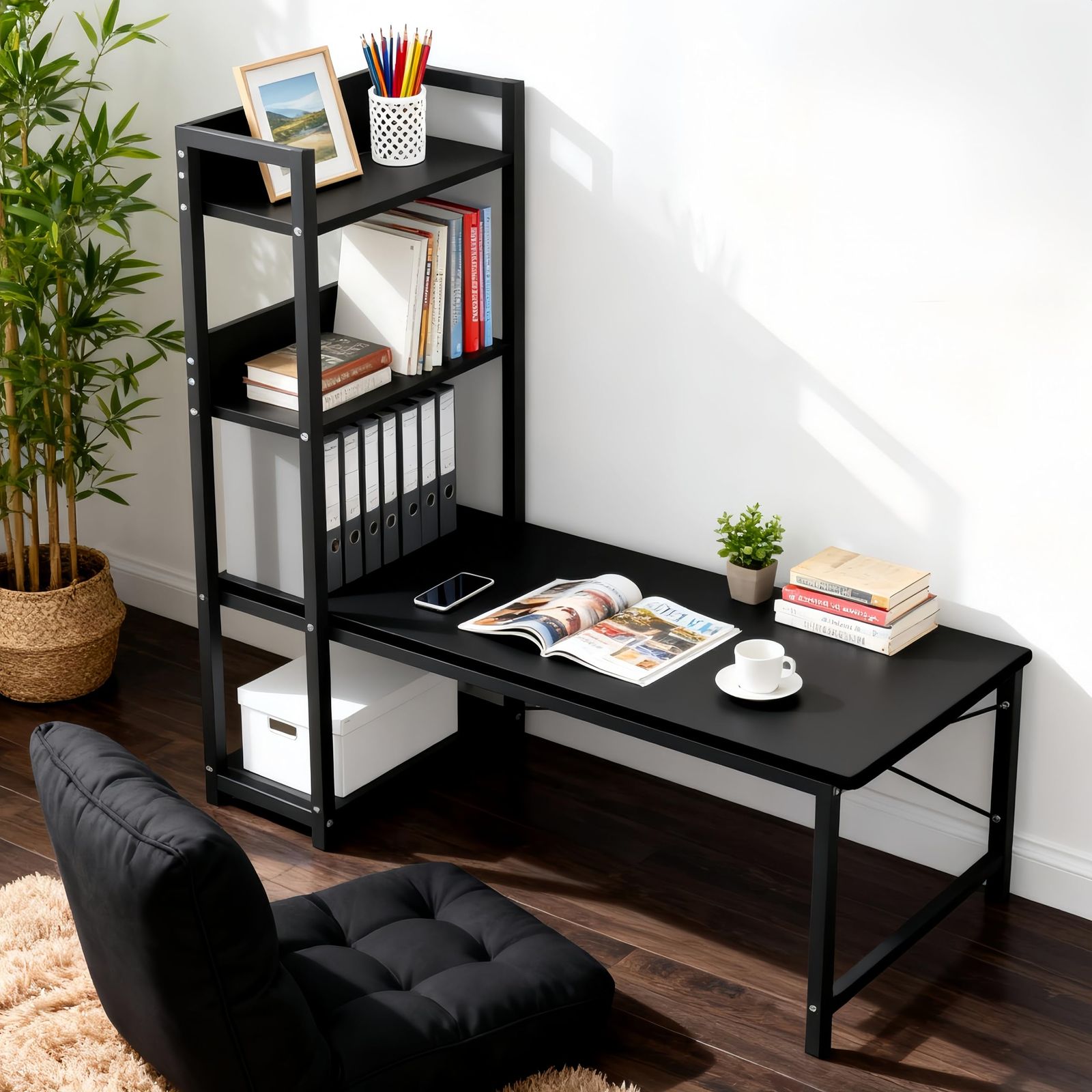 N&S【ロータイプ】ローデスク 幅110×奥行50×高さ41cm 棚付き 収納ラック付き 木製 座デスク 学習机 パソコンデスク 省スペース 在宅勤務 CJ05 (ブラック)ｍａ
