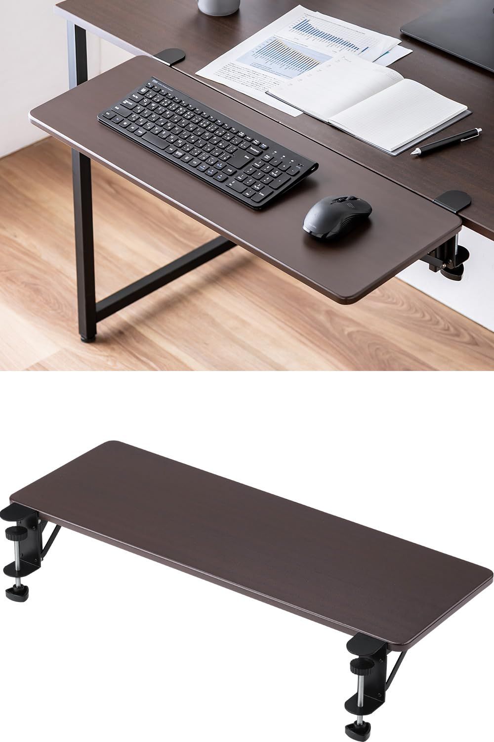サンワダイレクト デスクエクステンダー 折りたたみ クランプ式 幅70×奥行25cm 耐荷重5kg 後付け デスク 机 拡張 延長 ブラウン 100-KB024MJu