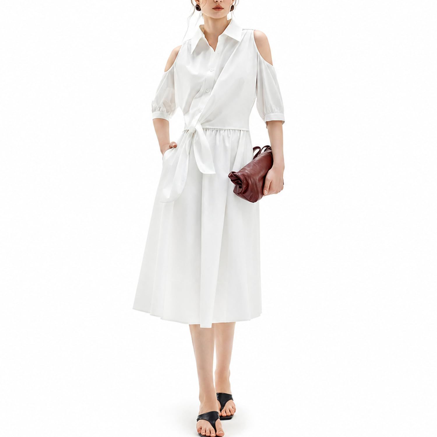 新品 ELLE ワンピース レディース 半袖 夏 きれいめ シャツワンピース ミモレ丈 ロングワンピース オフショルダー 通勤 オフィスカジュアル 薄手 ブルー ホワイト EL63865
