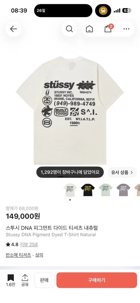 STUSSY DNA ピグメント ダイド Tシャツ ナチュラル