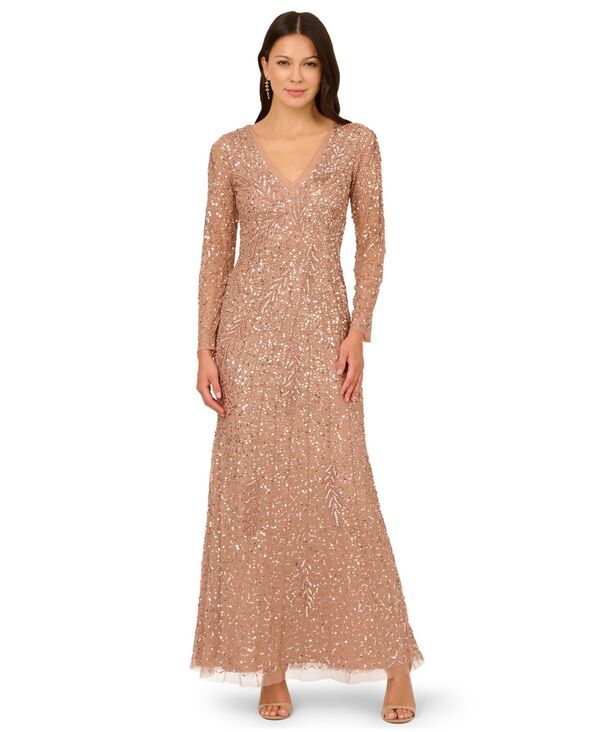 アドリアナ パペル レディース トップス ワンピース 長袖 Adrianna Papell Womens LongSleeve Beaded FullLength Gown ROSE GOLD ゴール