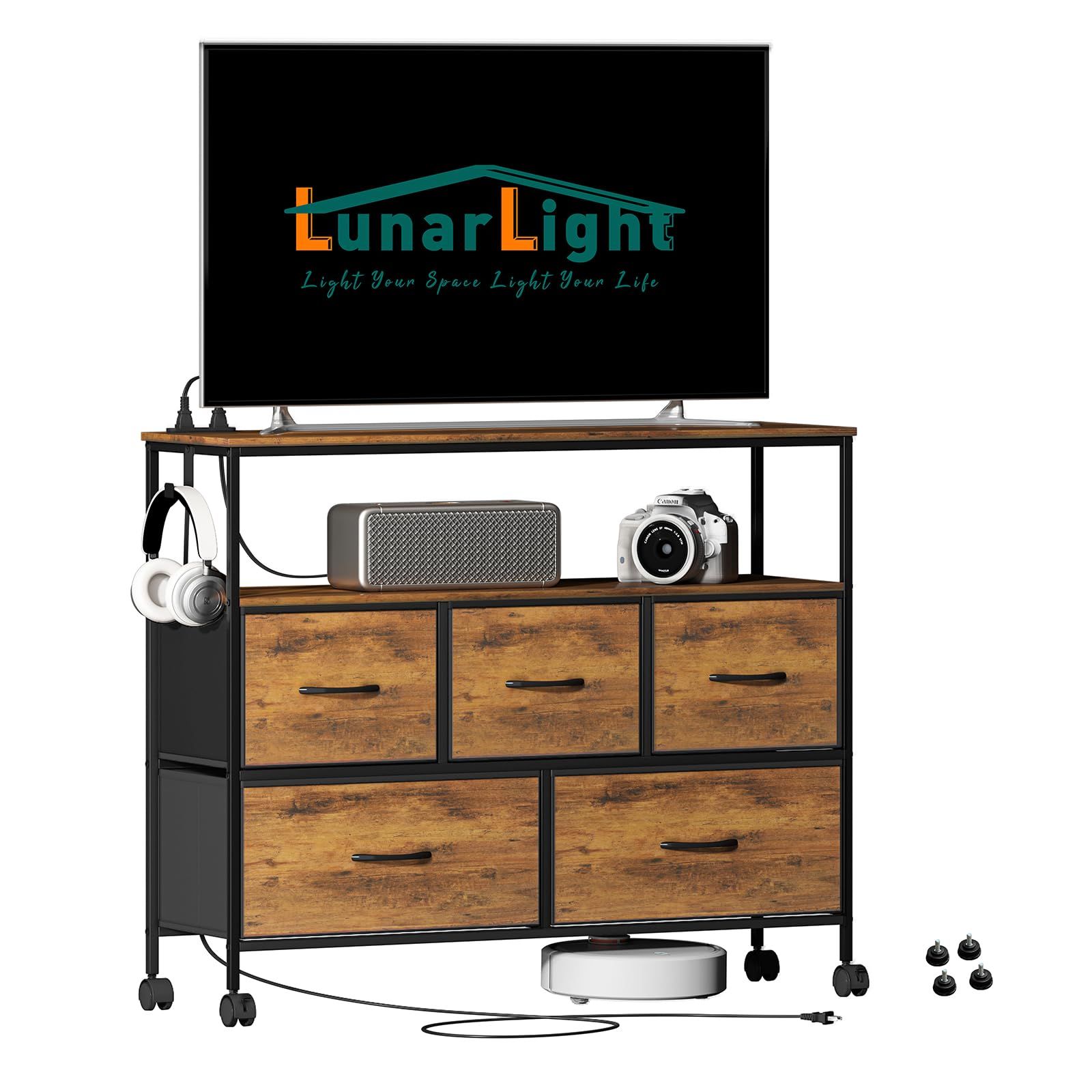LunarLight チェスト タンス 幅100奥行30高さ78? 収納チェスト 収納ケース 2口コンセント付き キャスター付き ストッパー付き 移動式と固定式2種類 テレビ台 頑丈 組立簡単 耐震転倒防止 大容量収納 引き出し２段5個 棚板2枚 (ヴィンｍａ