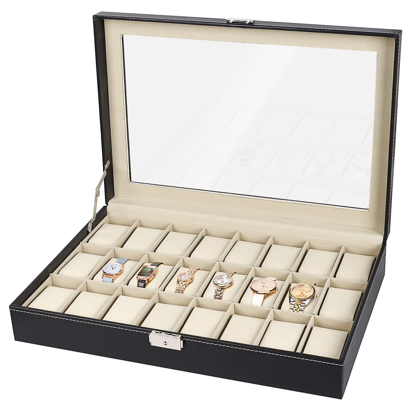 【新品】腕時計収納ケース 透明窓付き 腕時計ボックス コレクションケース 時計保管 ウォッチボックス アクセサリー収納兼用 PUレザー製 母の日 父の日 ギフト クリスマスプレゼント (24本) 139eec3b