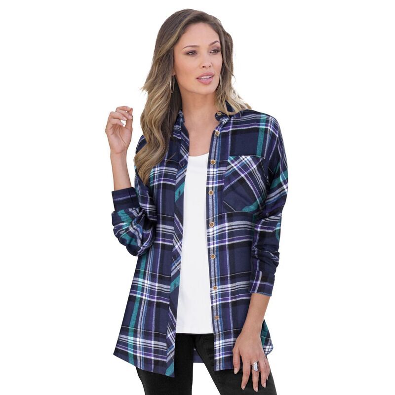 ロアマンズ レディース トップス Tシャツ プラスサイズ Roamans Womens Plusize Plaid Flannel Tunic Navy Light Jade Plaid ネイビー