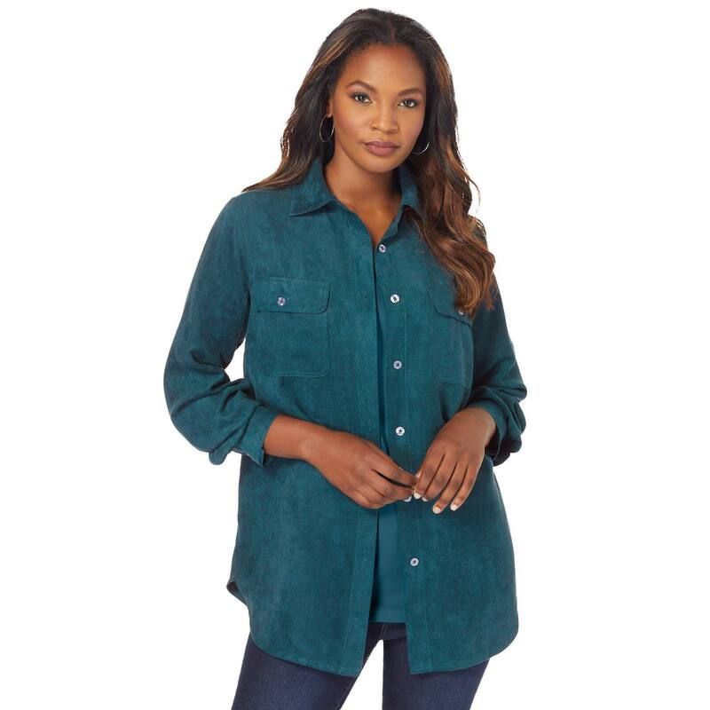 ロアマンズ レディース トップス シャツ プラスサイズ スエード Roamans Womens Plusize Faux Suede ButtonFront Shirt Midnighteal ティー