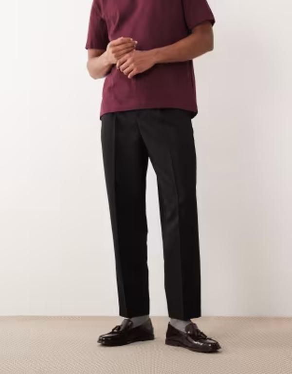 エイソス メンズ ボトムス カジュアルパンツ プリーツ ASOS DESIGN pleated relaxed taperedress pants Black ブラック