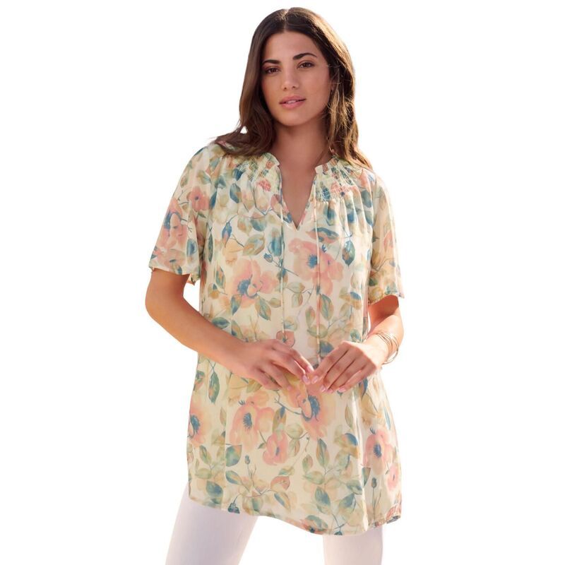 ロアマンズ レディース トップス シャツ プラスサイズ フリル ブラウス Roamans Womens Plusize Ruffle Sleeve Blouse Ivory Watercolor アイ
