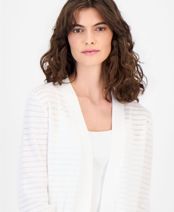アンクライン レディース アウター ニット・セーター シアー カーディガン Anne Klein Womens OpenFront SheerStripe Cardigan Crisp White ホ