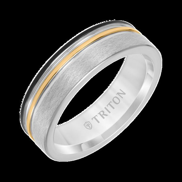トリトン レディース アクセサリー 指輪 Triton 7MM Tungsten Carbide Ring with Black Yellow and Grey Tungsten Center Gro