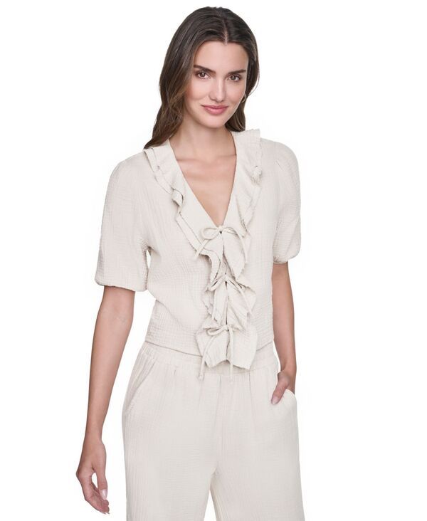ダナキャランニューヨーク レディース トップス シャツ Vネック パフスリーブ DKNY Jeans Womens VNeck Short PuffSleeve TieFront Shirt Eggn