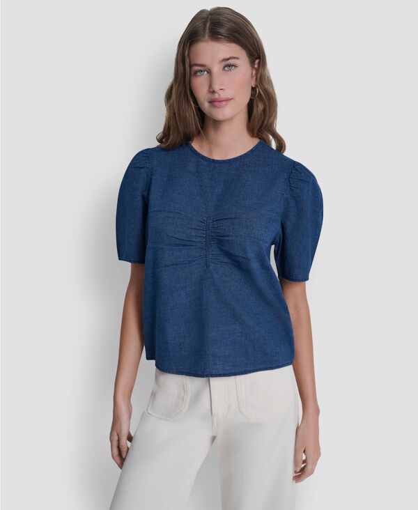 ダナキャランニューヨーク レディース トップス シャツ クルーネック ギャザー 半袖 DKNY Jeans Womens Puff ShortSleeve Crew Neck Ruched Shirt