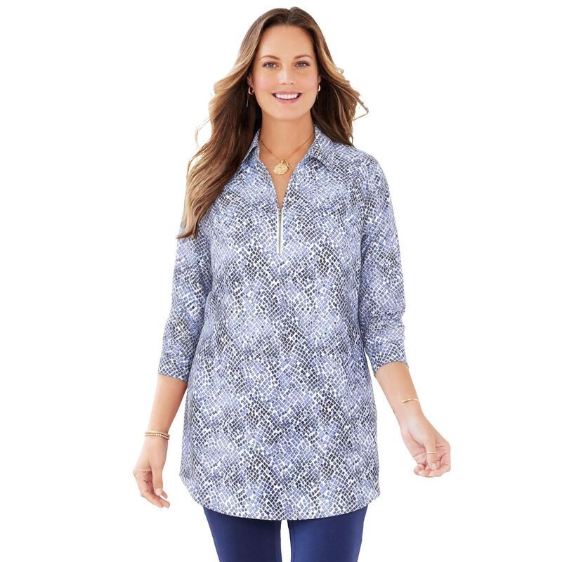 キャサリンズ レディース トップス Tシャツ プラスサイズ Catherines Womens Plusize Breezeway HalfZip Tunic Blue Mosaic Stone ブル