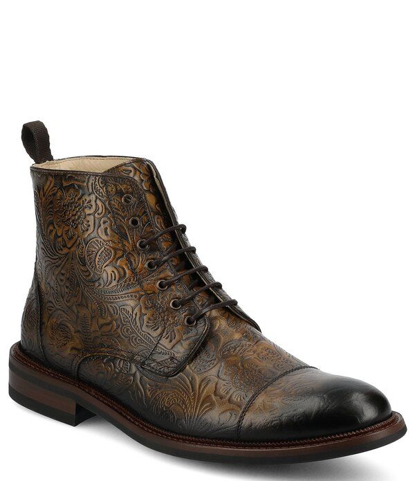 タフト メンズ シューズ ブーツ・レインブーツ フラワー柄 キャップ レザー フラワー Taft Mens Rome Floral Embossed Leather Cap Toe Boots Oro