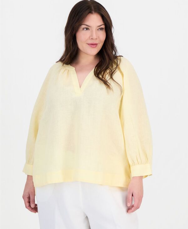 チャータークラブ レディース トップス シャツ ブラウス リネン Charter Club Womens 100 Linen SplitNeck 34Sleeve Blouse Lemon Zest