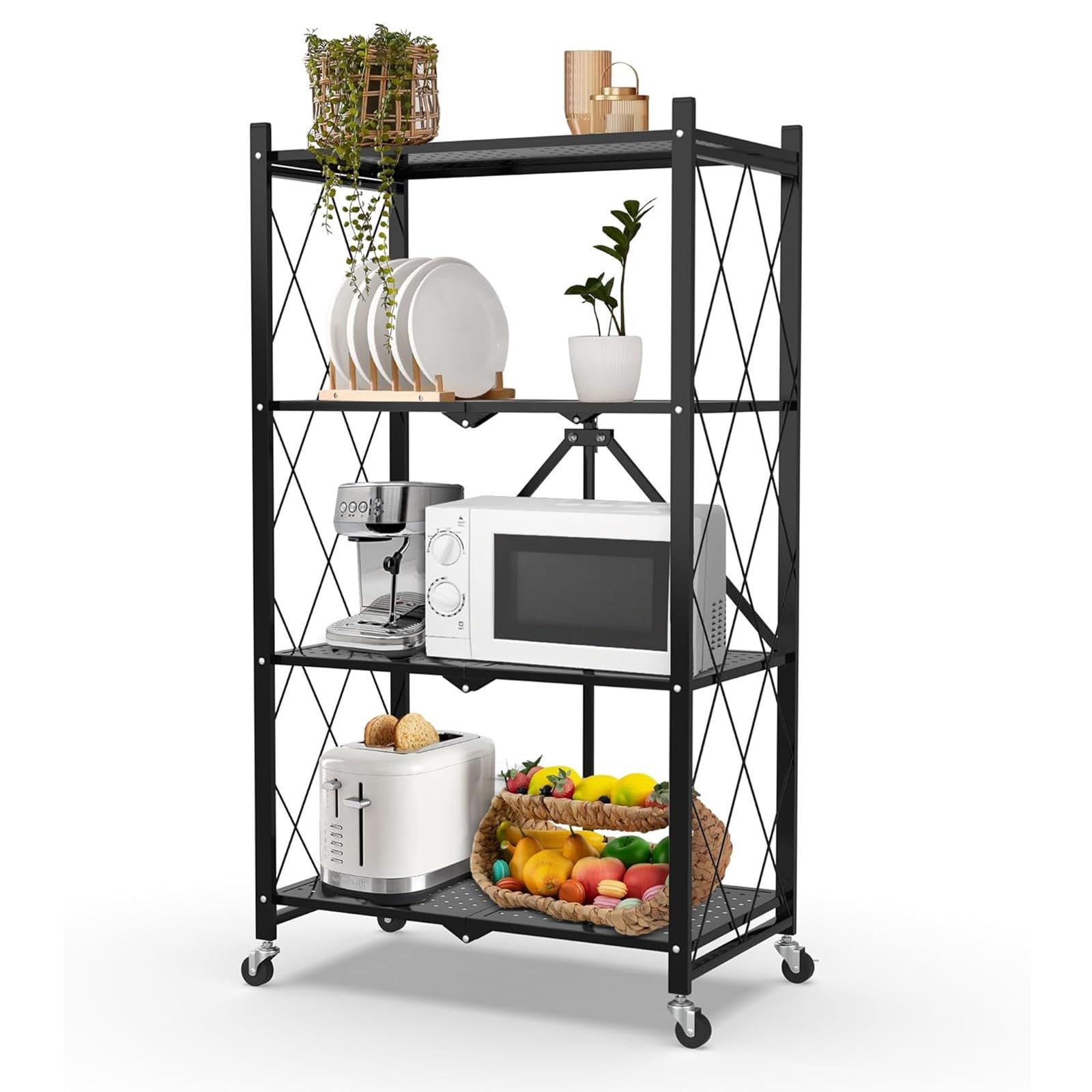 『特価』 Shelf Folding 組み立て不要 金属 頑丈なキッチン棚 (Black キャスター付き オープンシェルフ メタルラック 折り畳み 幅71×奥行34×高さ127cm) スチール 収納ラック 折りたたみ棚 4段