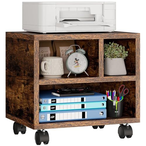 IBUYKE プリンター台 キャスター付き 木製 プリンターカート ワゴン PRINTER CART 3段 オフィス デスク下 卓上 収納 奥行き29幅39高さ30 ブラウン JPTPS004Hma