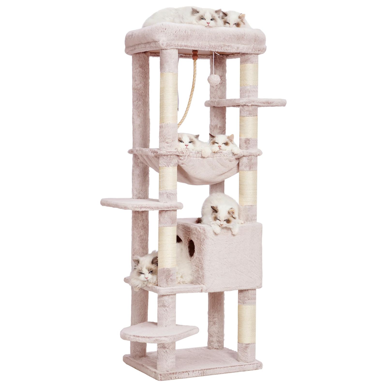 Heybly キャットタワー 大型猫用 多頭飼い 超スリム 省スペース 登りやすい ハンモック キャットハウス 大型見晴らし台 麻紐 爪研ぎ棒 高さ153cm ローズブラウン HCT050MUmt d530e3c5