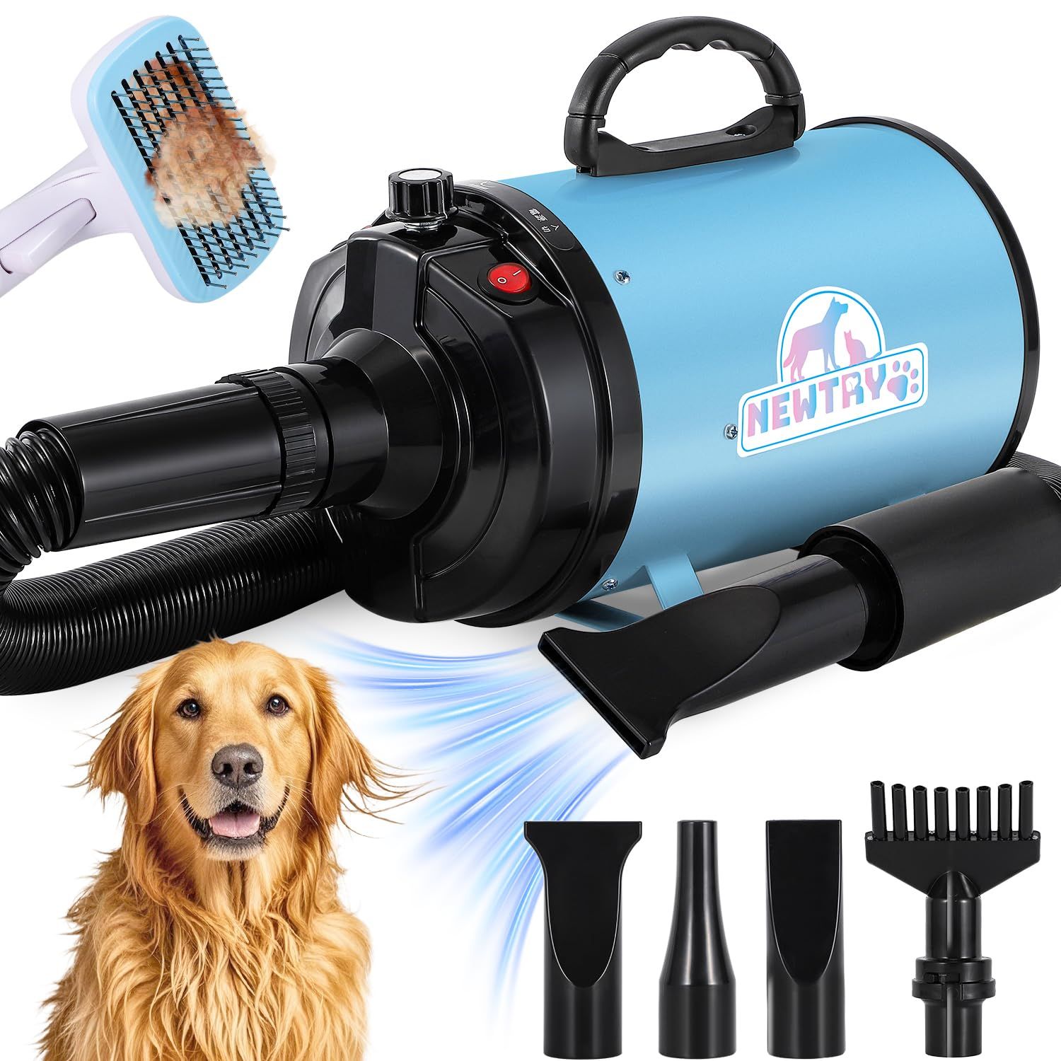 NEWTRY ペットドライヤー 犬用 ペット用 ドライヤー ブロワー 送風機 無段階速度制御 3つのノズル付き ブラシ付き 風速、温度調整可能 大風量 騒音低減 100V 50Hz/60Hz 650-1800W(ブルー)mt 50c9fcb2