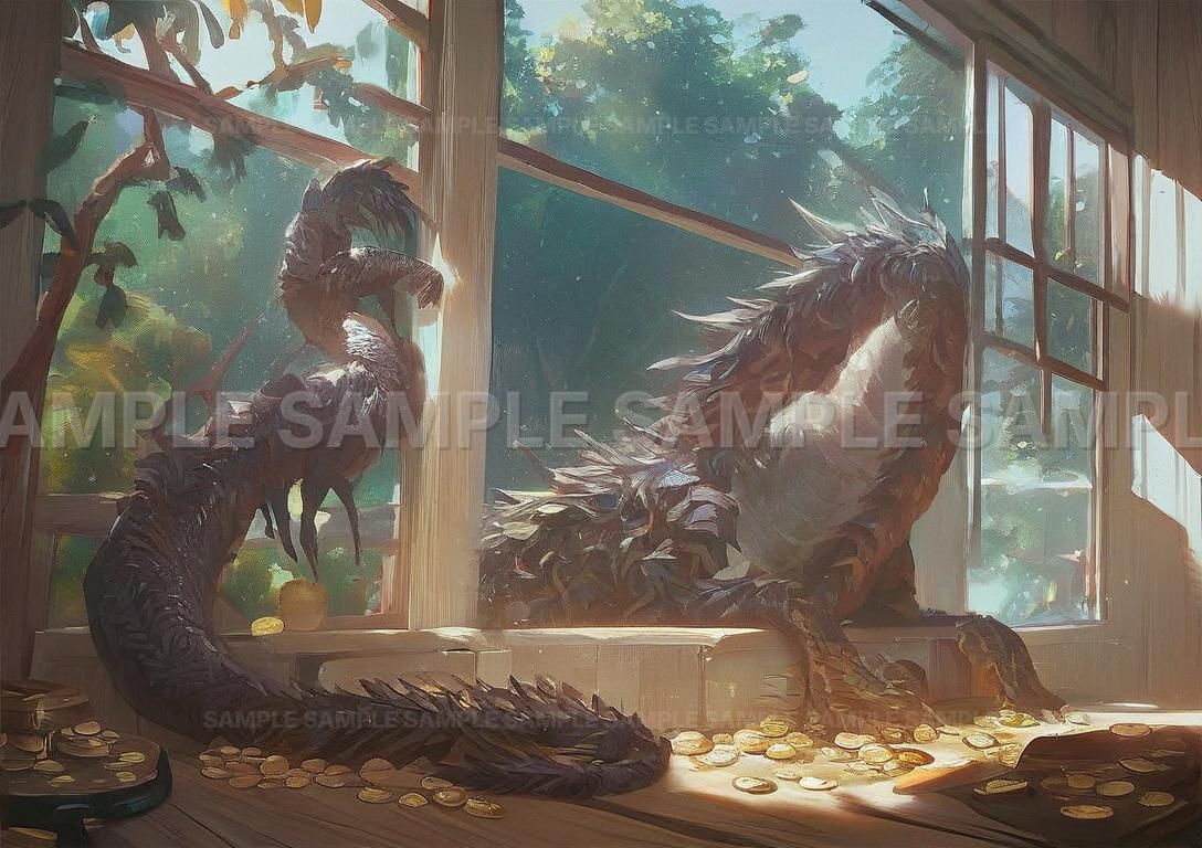 AIアート】【幻想的な風景】ドラゴン 宝物 室内 油絵風 アート