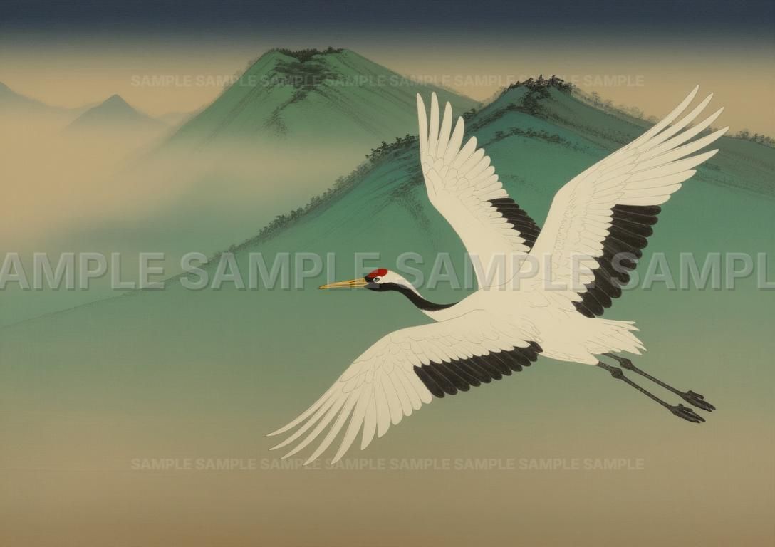AIアート】【神秘的な飛翔】水墨画風 丹頂鶴 山水画 アートパネル