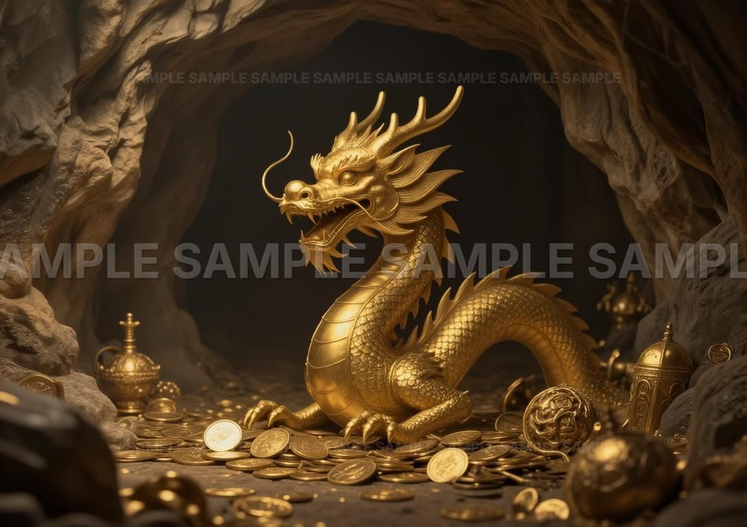 AIアート】【開運招福】金龍 財運アップ 龍神 黄金 龍 縁起物 金運