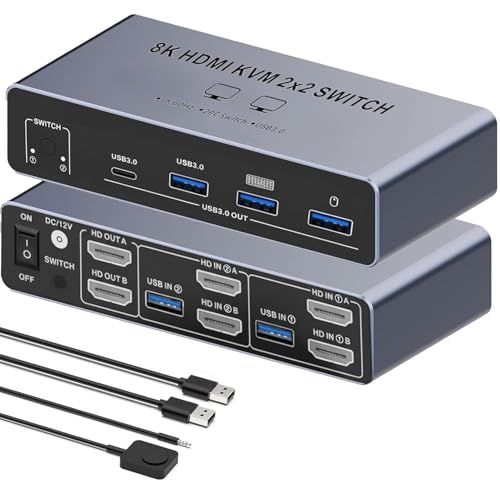 8K HDMI KVM切替器 2モニタ2コンピュータ HD 2入力2出力スイッチ 4つのUSB 3.0ポートのため2台のコンピュータで2モニタ/キーボード/マウス/プリンタを共有 テレワーク/プログラミング/金融取引/マルチタスクなど対応Ju
