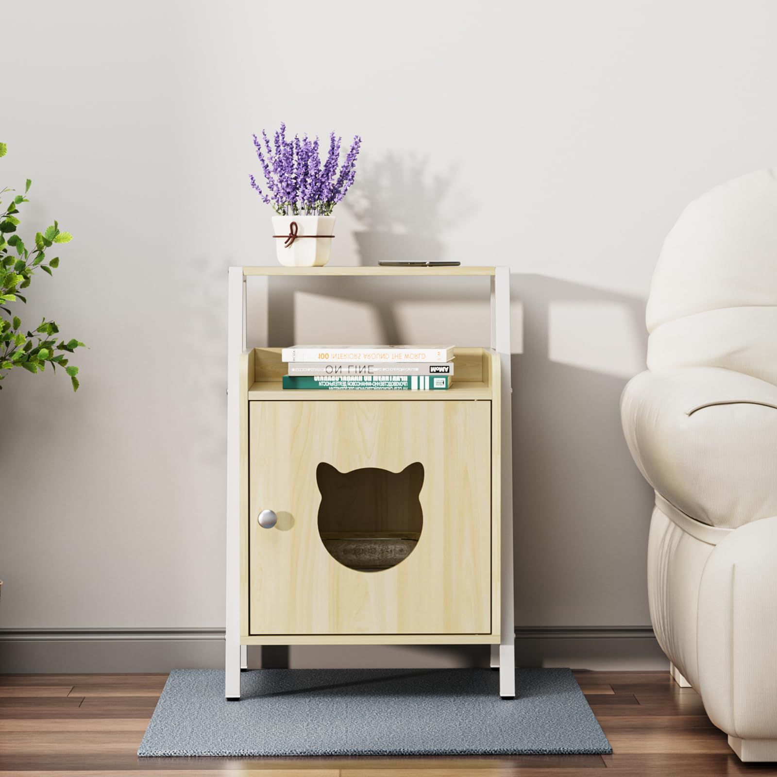 Iseebiz サイドテーブル ナイトテーブル ベッド横 多機能 猫ハウス キャットハウス 猫小屋 ベッドサイドテーブル 収納 棚 ベッド周り収納 玄関収納 おしゃれ 組立簡単 リビング ベッドルーム 木製 高さ60×幅42.5×奥行30cm 木の色ｍａ