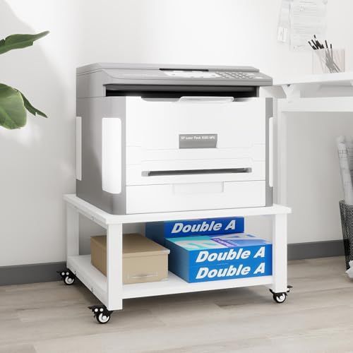 PUNCIA プリンター台 2段 幅50×奥行50×高さ32cm 木製ワゴン キャスター付き 収納棚 大型コピー機対応 レーザープリンタ FAX機適用 机下に置ける 省スペース設計 75kg耐荷重 簡単組立 オフィス・家庭用 多機能ラック ホワイトｍａ