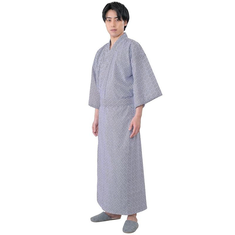 [あい藍] メンズ ガーゼゆかた 日本製 綿100% 二重合わせガーゼ 帯付き 旅館浴衣 ねまき 柄おまかせ (S)