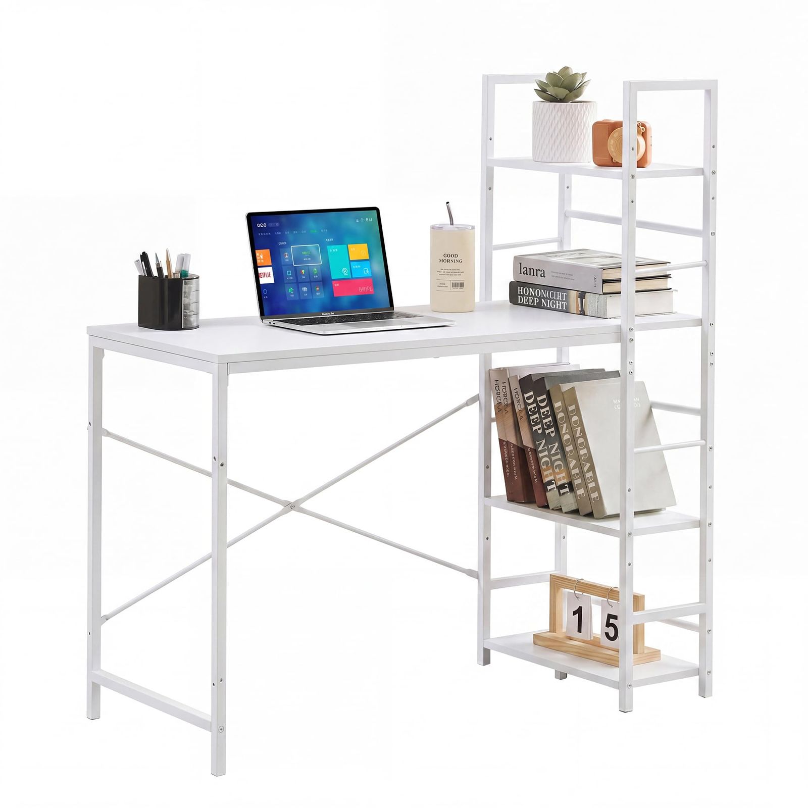 特価商品　学習机 パソコン A4対応 デスク パソコンラック 収納付き （天板94×48×72cm） コンパクト computer 勉強 desk 在宅ワーク 省スペース 幅116×奥行51×高さ120cm ホワイト 収納棚付き PCデスク VECELO