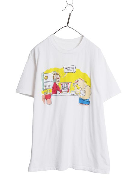 90s ジョーク イラスト プリント 半袖 Tシャツ メンズ XL 程/ オールド アート キャラクター ヘビーウェイト コットン シングルステッチ 白