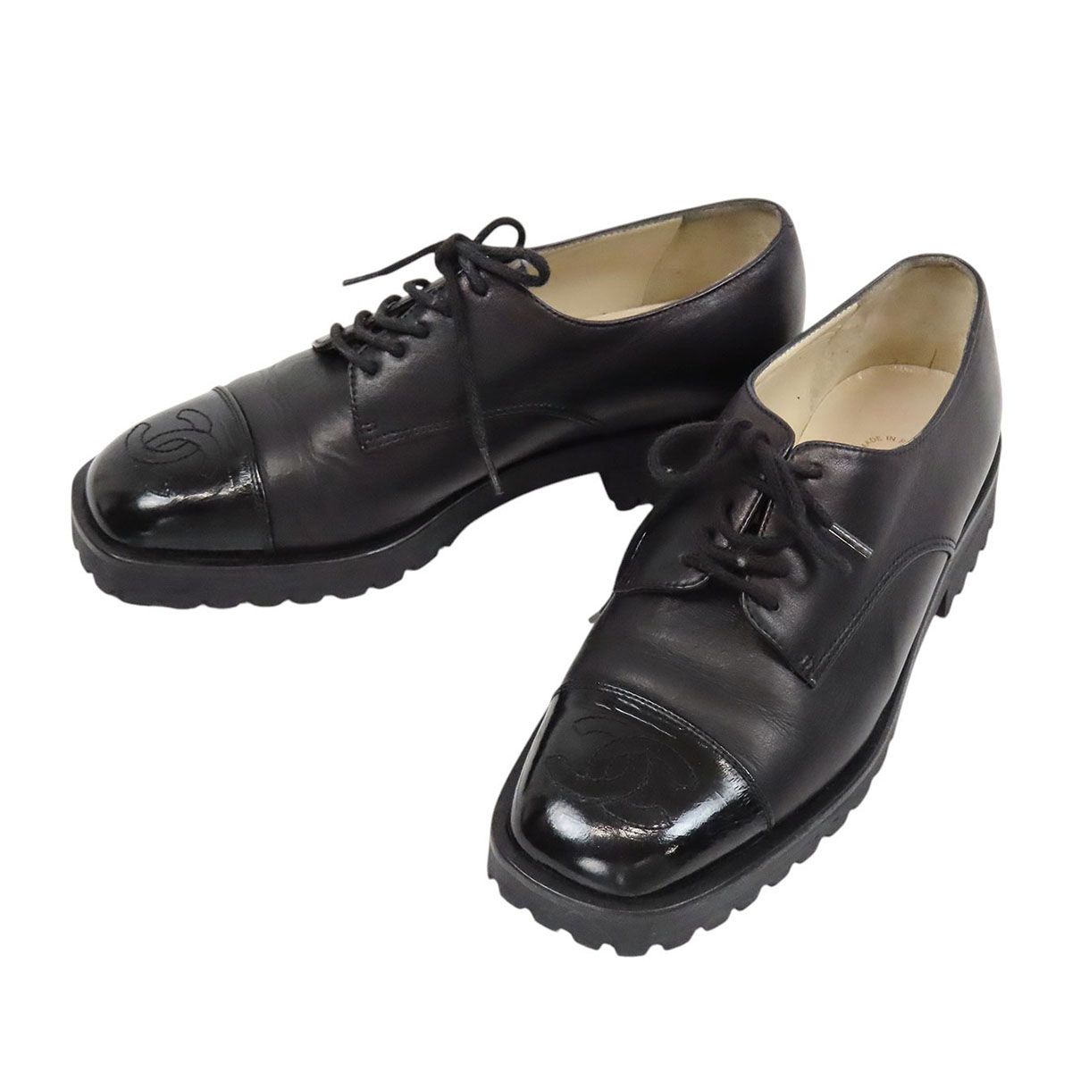 シャネル ココマーク レースアップ レザー シューズ 1782 レディース ブラック CHANEL【中古】 【アパレル・小物】