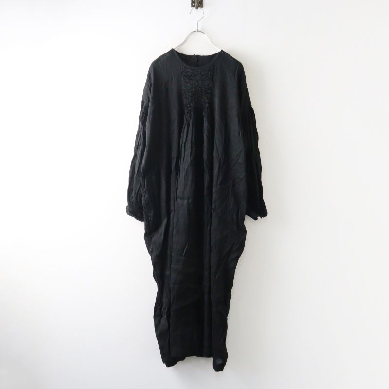 美品 メゾンドソイル maison de soil 60s AUTOLOOM LINEN/COTTON PLAIN OVERDYE ピンタックドレス 2 ブラック／【2400015039176】