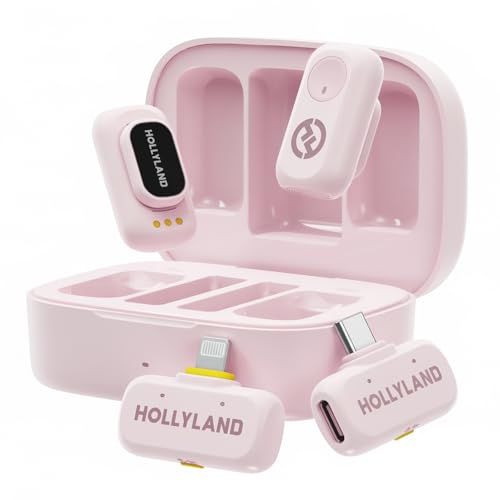 HOLLYLAND LARK A1 Duo ワイヤレスマイク-ピンマイク iPhone/Android対応（トランスミッター×2 + Lightning・Type-Cレシーバー×1 + 充電ケース×1）200m伝送距離・超軽量8g・迅速接続（ピンク、充電ケJu