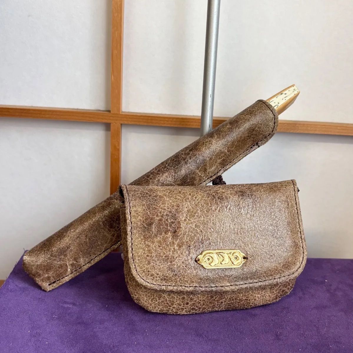 腰差し煙草入れ扇子入れ　本革クラック加工　帯差し　帯飾り　お祭り　お神輿　お囃子　和装小物