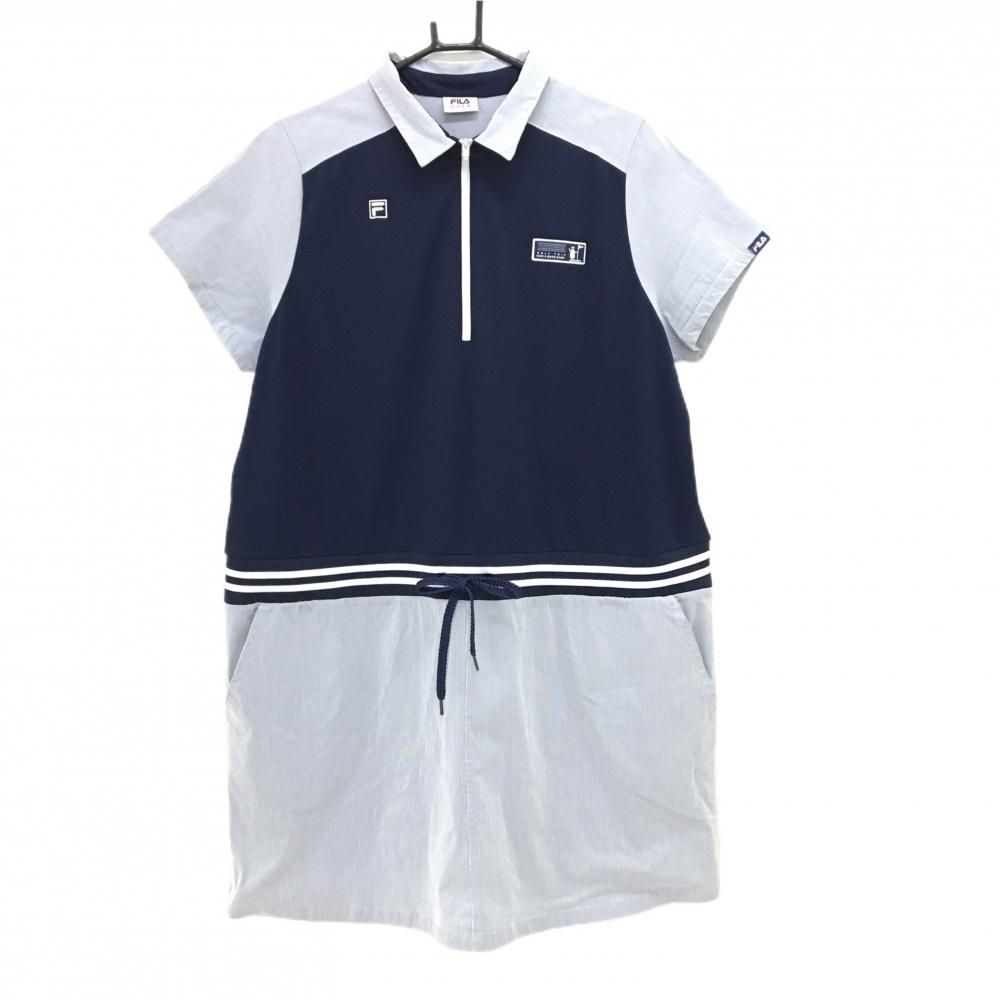 札付き！FILA GOLF フィラゴルフ 半袖 ハーフジップ ワンピース千鳥柄 フィラゴルフ 半袖ワンピース ネイビー×白 細ストライプ ハーフジップ