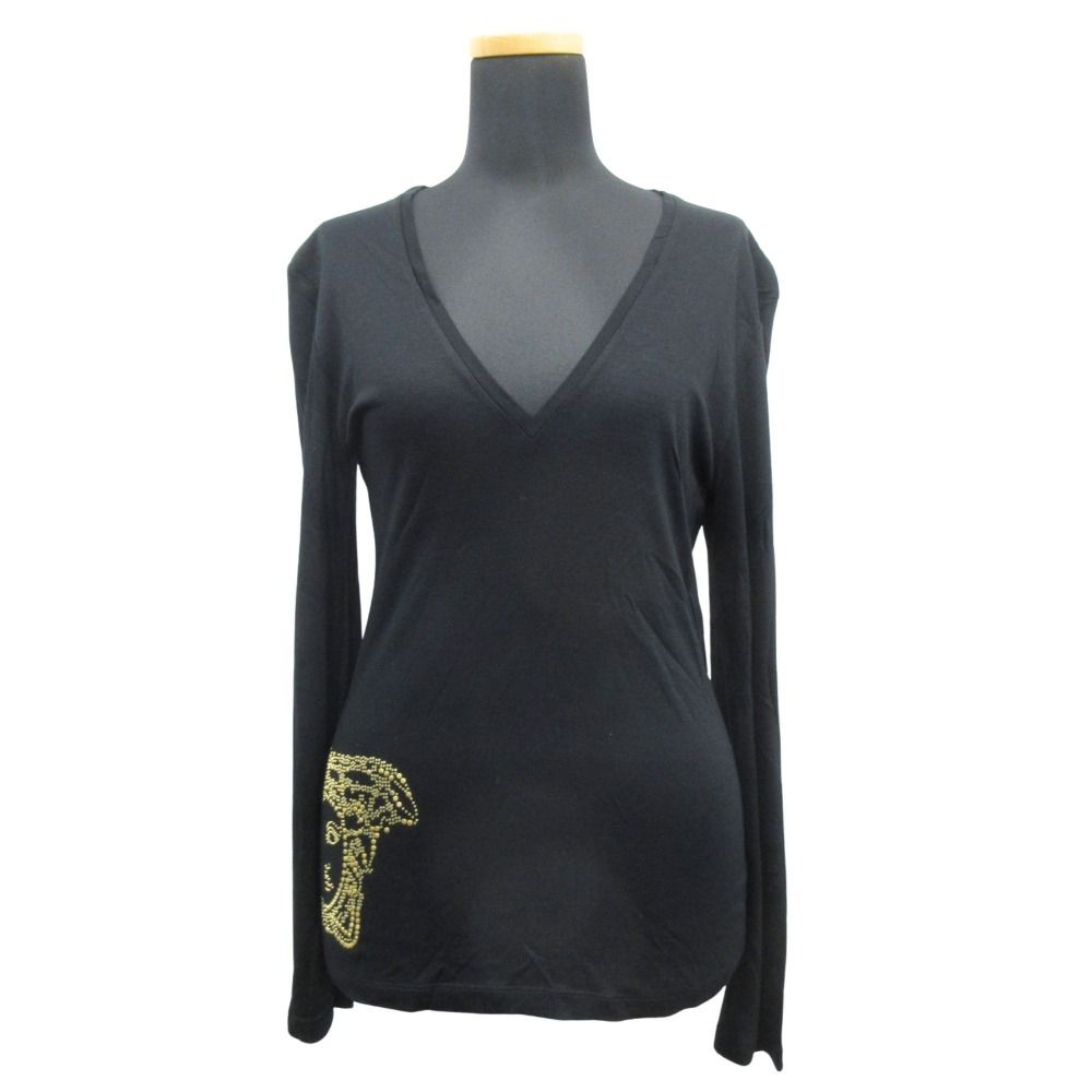 美品 VERSACE ヴェルサーチ メデューサロゴ スタッズ Vネック Tシャツ カットソー 長袖 大きいサイズ 44 黒 ブラック レディース 古着 中古 USED