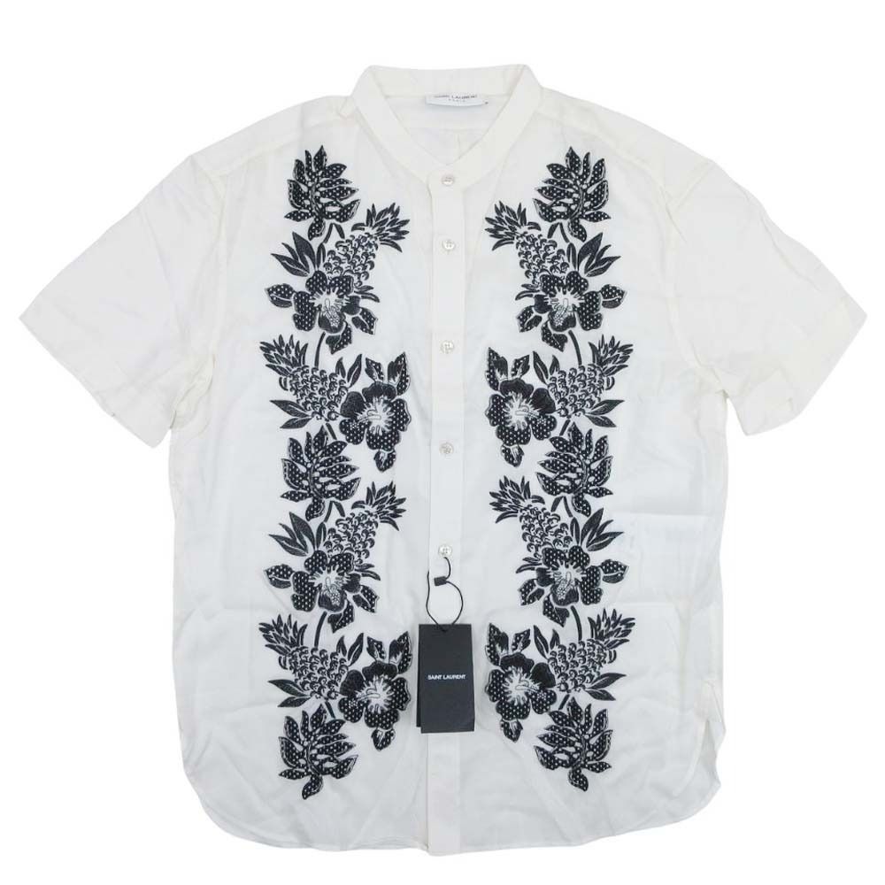 新品同様 SAINT LAURENT サンローラン 20ss Embroidered satin voile tunic 花柄 刺繍 シャツ チュニック ブラウス 39 オフホワイト メンズ 古着 中古 USED
