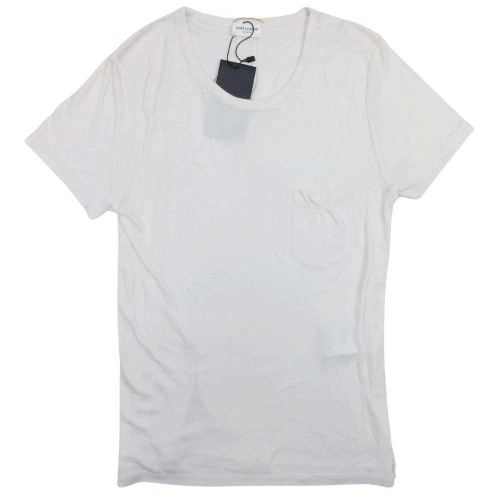 良品 SAINT LAURENT サンローラン 15ss シルクニット Tシャツ トップス 半袖 カットソー Uネック 無地 M オフホワイト レディース 古着 中古 USED