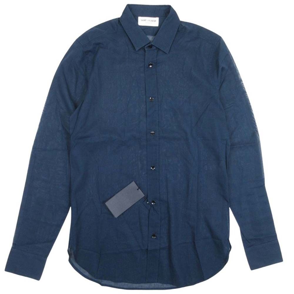 美品 SAINT LAURENT サンローラン 15ss エディ期 コットン 薄手 シャツ 長袖 ソリッド トップス カットソー 37/14.5 紺 ネイビー メンズ 古着 中古 USED
