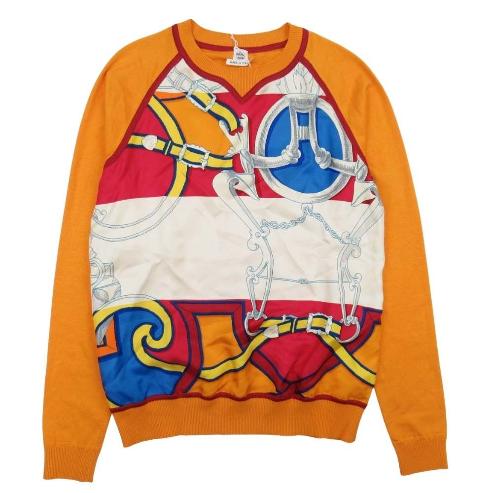 未使用 HERMES エルメス Twillaine ツイルレーヌ 帝王学 カレ スカーフ ニット ジャガード トップス 長袖 カットソー 34 オレンジ レディース 古着 中古 USED