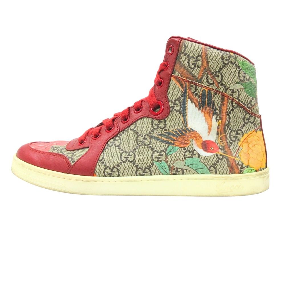 良品 GUCCI グッチ GG ティアン スプリーム モノグラム ハイカット スニーカー シューズ 靴 ロゴ サイズ38.5 25.5cm ベージュ 赤 レディース 古着 中古 USED