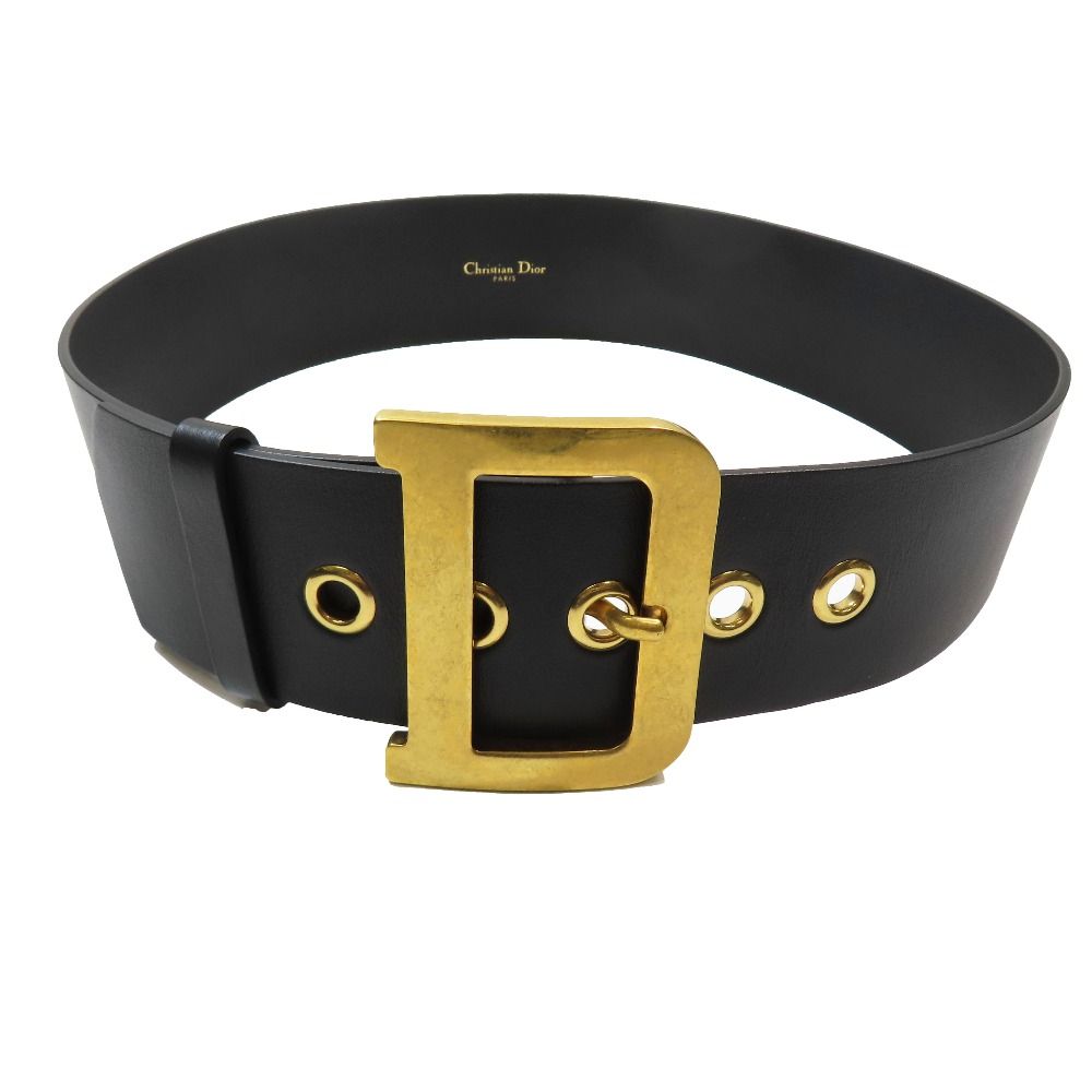 新品同様 Christian Dior クリスチャンディオール Dバックル ディオールクエイク レザー ウエストマーク ベルト 75 ブラック ゴールド レディース 古着 中古 USED