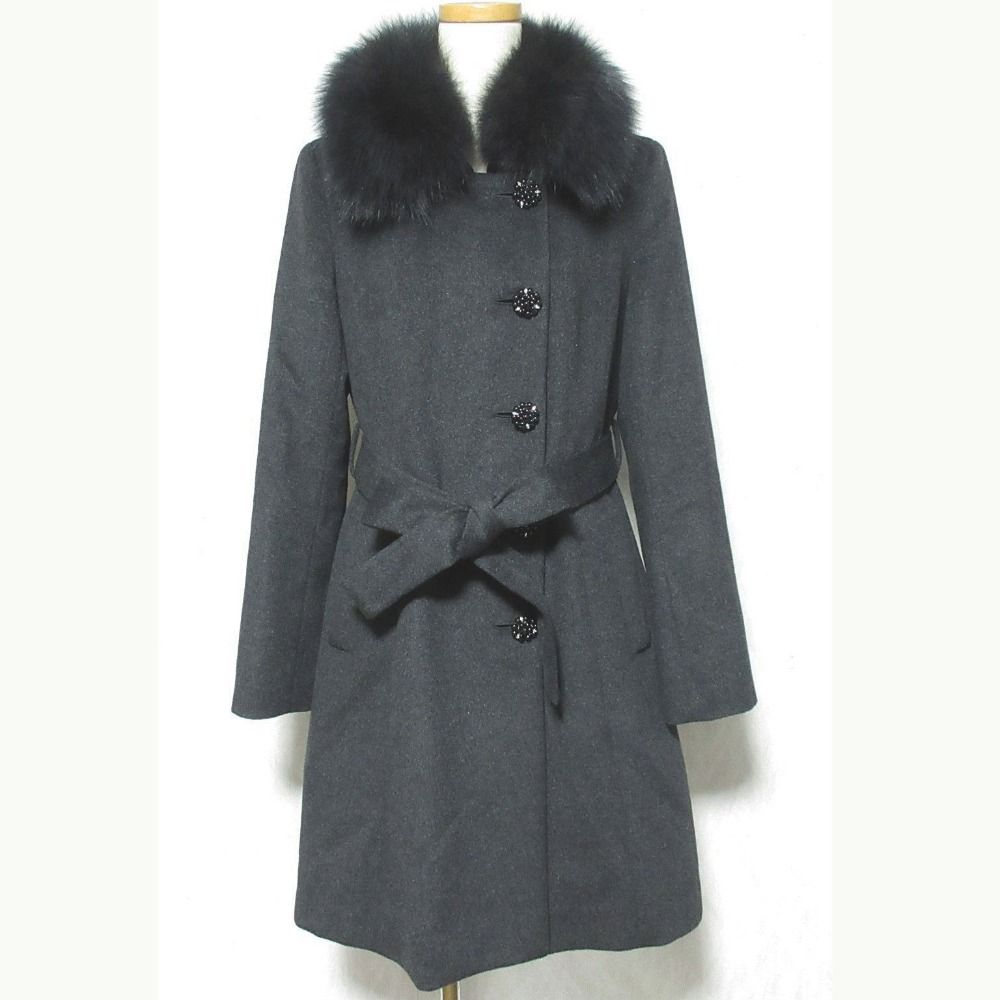 美品 AUSTIN REED オースチンリード フォックスファー ベルテッドカシミヤコート 1545-21519 サイズ40 ダークグレー レディース 古着 中古 USED