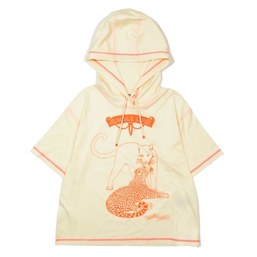 未使用 HERMES エルメス JUNGLE LOVE ジャングルラブ 半袖 パーカー カットソー フーディ プルオーバー トップス 36 ベージュ レディース 古着 中古 USED