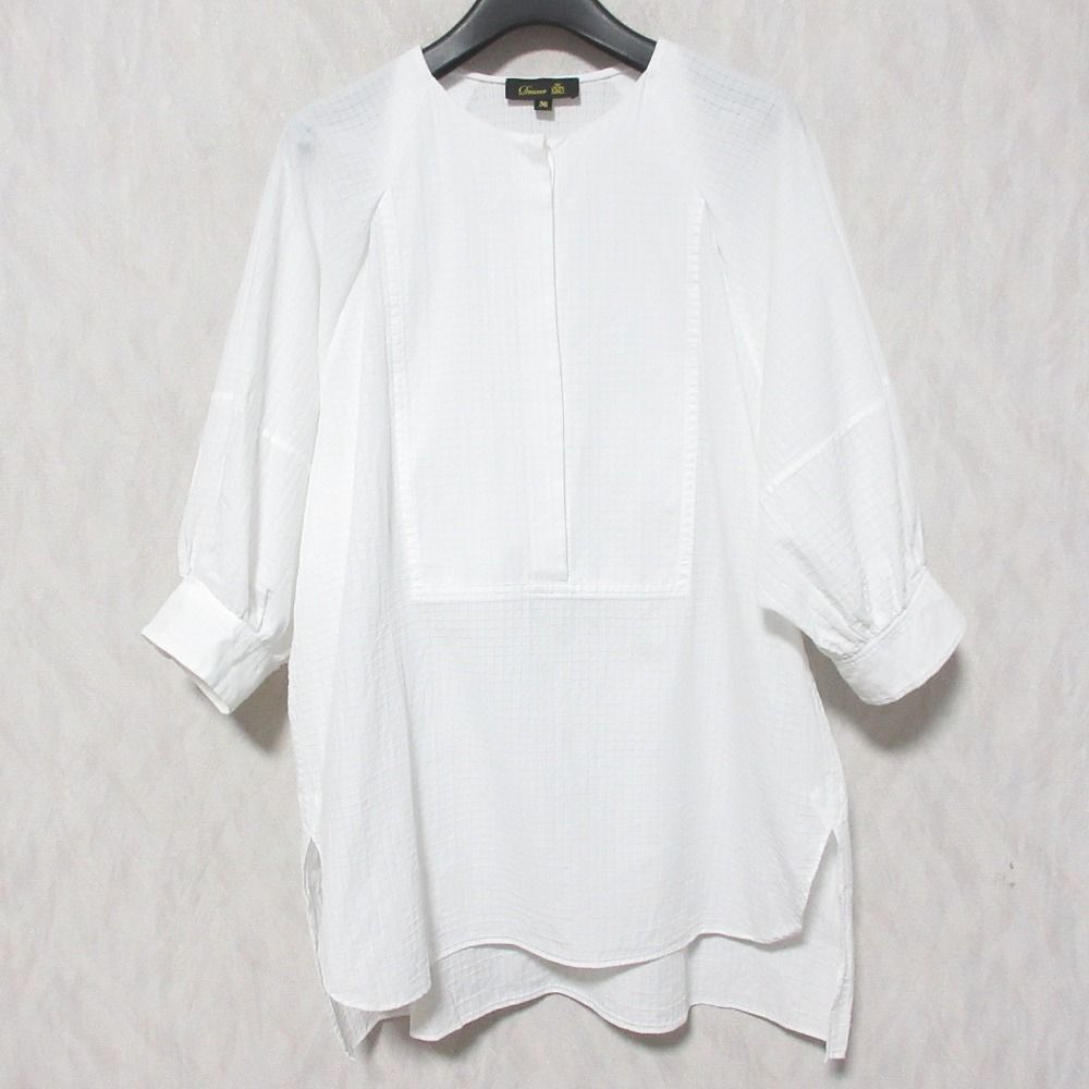 美品 Drawer ドゥロワー シアーチェックブザムノーカラーシャツ 6511-299-0524 サイズ36 ホワイト レディース 古着 中古 USED