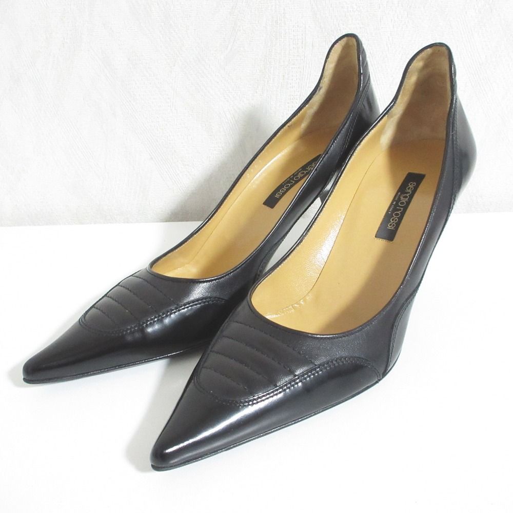 新品同様 Sergio Rossi セルジオロッシ ポインテッドトゥ レザー パンプス 37 1/2 約24.5cm ブラック レディース 古着 中古 USED 7,749円