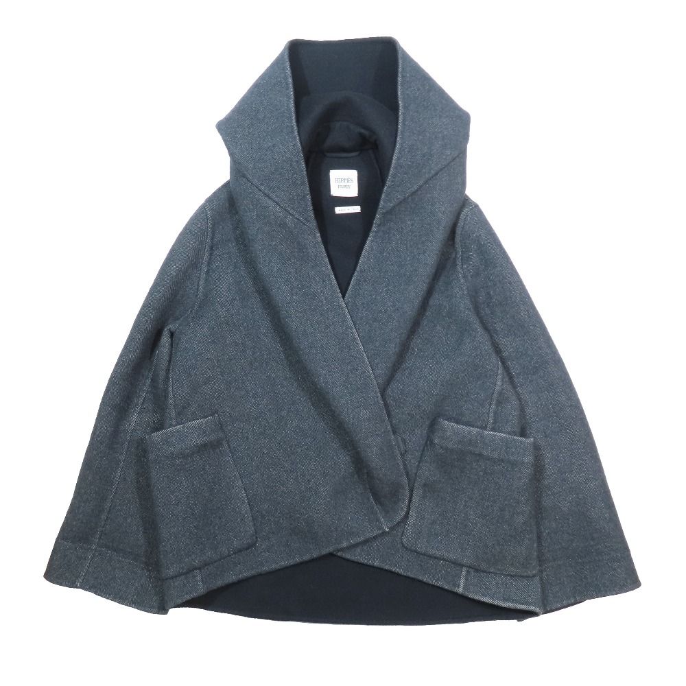 新品同様 HERMES エルメス カシミヤ100% ラップコート ショールカラー ショートコート ジャケット ブルゾン ヘリンボーン 36 グレー レディース 古着 中古 USED
